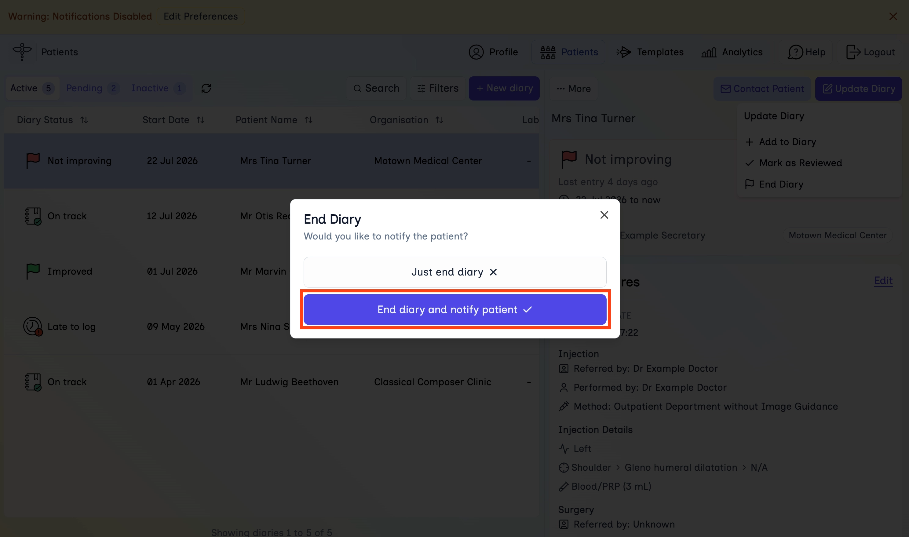 End Diary dialog with End diary and notify patient highlighted